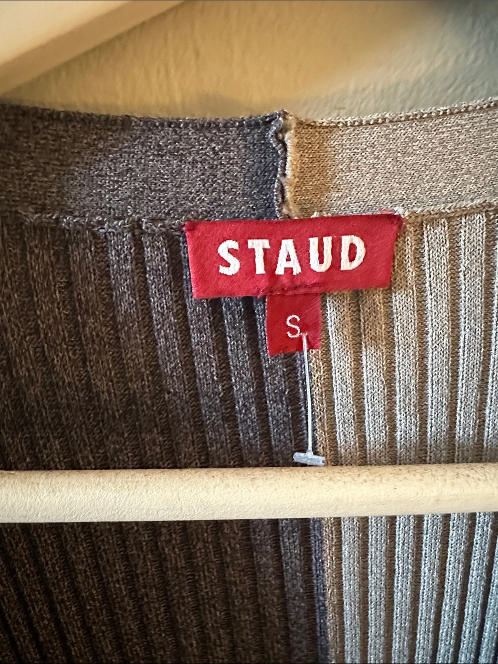 STAUD Two-Tone Ribbed Maxi Cardigan in Gray and Beige - Picture 3 of 3